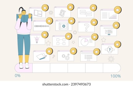 Gamification in learning progress. Engagment and motivation in online education. Vector illustration.