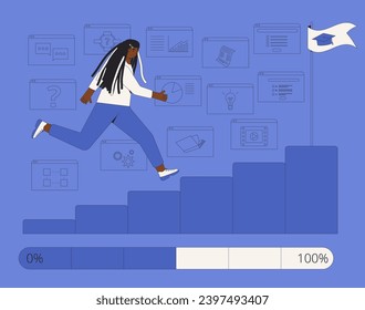 Gamification in learning progress. Student running up ladder for diploma. Engagment and motivation in education. Learning management system. Vector illustration.