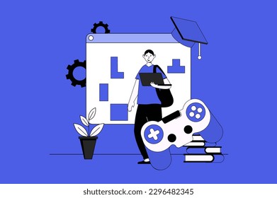 Gamification in learning web concept with character scene in flat design. People studying and completing level challenges for winning awards. Vector illustration for social media marketing material.
