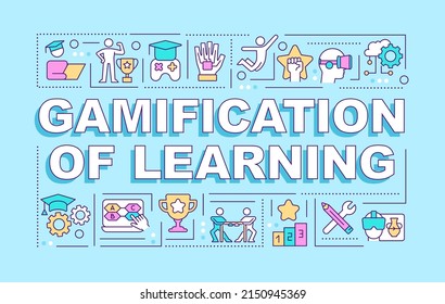 Gamification of learning word concepts blue banner. Education innovation. Infographics with icons on color background. Isolated typography. Vector illustration with text. Arial-Black font used