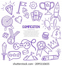 gamification life doodle hand drawn with outline style on paper books line