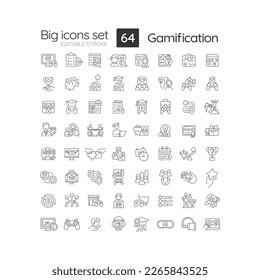 Gamification linear icons set. Improve users motivation via game playing. Digital technology. Customizable thin line symbols. Isolated vector outline illustrations. Editable stroke