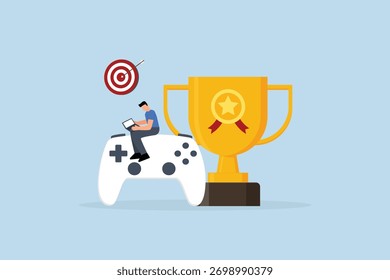 Gamification, homem com computador laptop no joystick de jogo com prêmio de troféu.