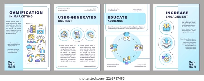 Gamification in marketing blue gradient brochure template. Leaflet design with linear icons. 4 vector layouts for presentation, annual reports. Arial-Bold, Myriad Pro-Regular fonts used