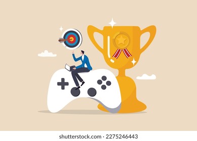 Gamification, marketing strategy for customer to achieve target and win the prize, reward or challenge to keep customer engagement concept, man with computer laptop on game joystick with trophy award.