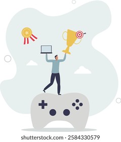 Gamification, marketing strategy for customer to achieve target and win the prize, reward or challenge to keep customer engagement concept.flat character life .