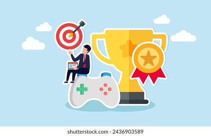 Gamification marketing strategy incentivizing customers to reach targets, win prizes, and engage through challenges concept, man with computer laptop on game joystick with trophy award.