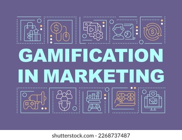 Gamification in marketing word concepts purple banner. Infographics with editable icons on color background. Isolated typography. Vector illustration with text. Arial-Black font used
