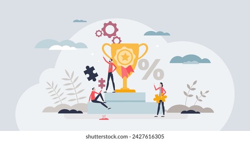 Gamification method for motivation and fun process tiny person concept. Bonus prize, trophy or award for challenge winner vector illustration. Employee or customer engagement with fun competition.