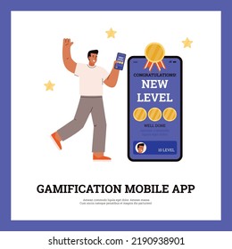 Gamification Mobile App, Happy Man Reaches New Level, Poster Template Flat Vector Illustration. Character Winns Motivation In The Process Of Gaming And Completing Challenges.