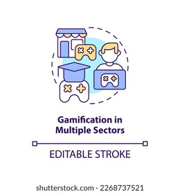 Gamification in multiple sectors concept icon. Motivational design trend abstract idea thin line illustration. Isolated outline drawing. Editable stroke. Arial, Myriad Pro-Bold fonts used