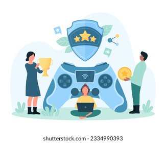 Gamification, online gaming competition vector illustration. Cartoon tiny people with gamepad play video games on console, female and male gamers holding golden cup and coin award for victory