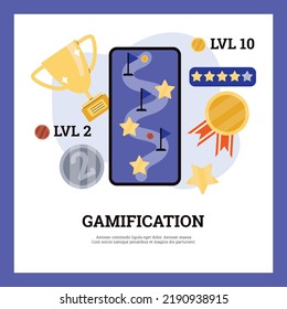 Gamification Online Marketing Technology For Site And Web Users, Flat Vector Illustration Isolated On White Background. Mobile Phone Screen With Game Levels.