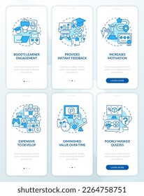 Gamification pros and cons blue onboarding mobile app screens set. Walkthrough 3 steps editable graphic instructions with linear concepts. UI, UX, GUI template. Myriad Pro-Bold, Regular fonts used