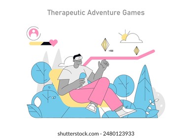 Gamification in Psychotherapy concept. A serene setting integrates gaming elements with therapy, creating engagement and reward paths for progress. Vector illustration.