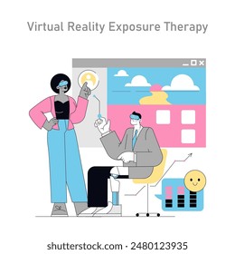 Gamification in psychotherapy concept. Therapist guiding patient through virtual reality therapy, enhancing engagement and progress. Vector illustration.