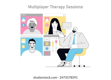 Gamification in psychotherapy concept. Therapist leads online group session with gamified elements for engagement. Remote mental health support. Vector illustration.