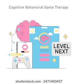 Gamification in psychotherapy illustration. Engaging mental health treatment through interactive gaming elements and cognitive techniques. Vector illustration.