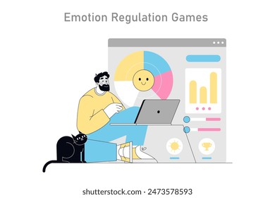 Gamification in psychotherapy illustration. An individual using computer games for emotion management and therapy. Health gamification concept. Vector illustration.
