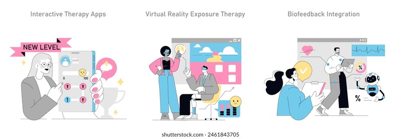 Gamification in Psychotherapy set. Harnessing technology to advance treatment. Interactive apps, VR exposure, and biofeedback integration for mental health. Vector illustration.