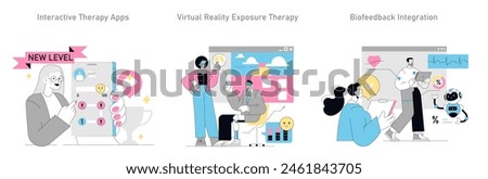 Gamification in Psychotherapy set. Harnessing technology to advance treatment. Interactive apps, VR exposure, and biofeedback integration for mental health. Vector illustration.