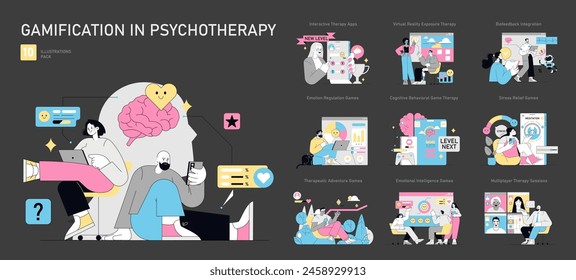 Gamification in Psychotherapy set. Integrating play elements into therapeutic sessions. Mental health improvement through interactive tech. Vector illustration.