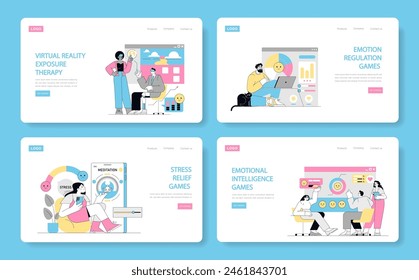 Gamification in Psychotherapy set. Interactive digital solutions for mental health support. Virtual reality therapy, emotional regulation, and stress relief. Vector illustration.