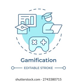 Gamification soft blue concept icon. Teaching strategy, learning environment. Studying student. Round shape line illustration. Abstract idea. Graphic design. Easy to use in presentation, blog post