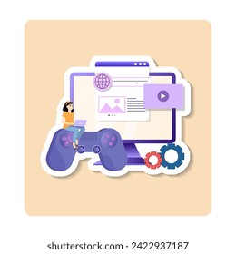 Gamification sticker illustration. Development video games. Girl write code for program and application. Charming characters with controller next to screen. Modern technologies. Flat vector sticker