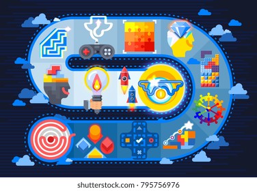 Técnicas de gamificación en la estrategia de cambio de comportamiento de la educación empresarial para motivar el logro de los objetivos composición en espiral plana ilustración vectorial 