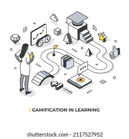 Gamification technology in learning and education. Woman is ready to start engaging educational process, as if she is playing a game, raising levels, receiving instant feedback and having fun