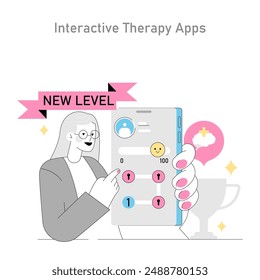 Gamification in therapy concept. A therapist interacts with a therapy app, advancing to new levels for progress. Therapeutic engagement enhancement. Vector illustration.