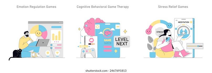 Juego de terapia de ludificación. Enfoque innovador en salud mental con juegos emocionales, cognitivos y de alivio al estrés. Técnicas de autoayuda. Ilustración vectorial.