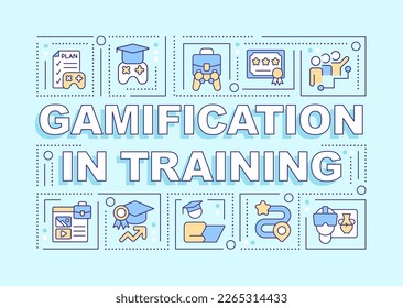 Gamification in training word concepts turquoise banner. Infographics with editable icons on color background. Isolated typography. Vector illustration with text. Arial-Black font used