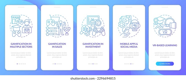 Gamification trends blue gradient onboarding mobile app screen. Integration walkthrough 5 steps graphic instructions with linear concepts. UI, UX, GUI template. Myriad Pro-Bold, Regular fonts used