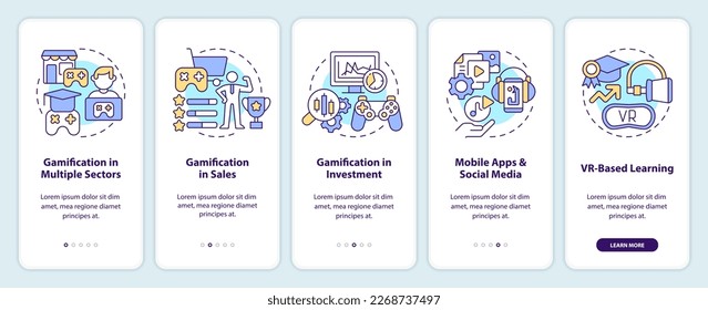 Gamification trends onboarding mobile app screen. Games integration walkthrough 5 steps editable graphic instructions with linear concepts. UI, UX, GUI template. Myriad Pro-Bold, Regular fonts used