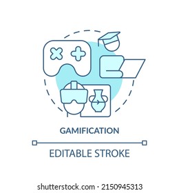 Gamification turquoise concept icon. Virtual reality for learning. Education trend abstract idea thin line illustration. Isolated outline drawing. Editable stroke. Arial, Myriad Pro-Bold fonts use
