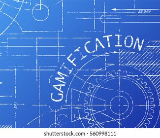 Gamification word on machine blueprint background illustration