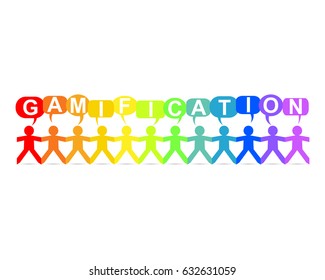 Gamification word in speech bubbles with cut out paper people chain in rainbow colors
