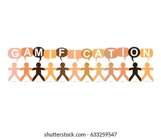 Gamification word in speech bubbles with cut out paper people chain in different skin tone colors