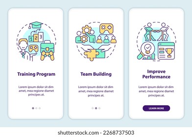 Gamification in workplace onboarding mobile app screen. Corporate walkthrough 3 steps editable graphic instructions with linear concepts. UI, UX, GUI template. Myriad Pro-Bold, Regular fonts used