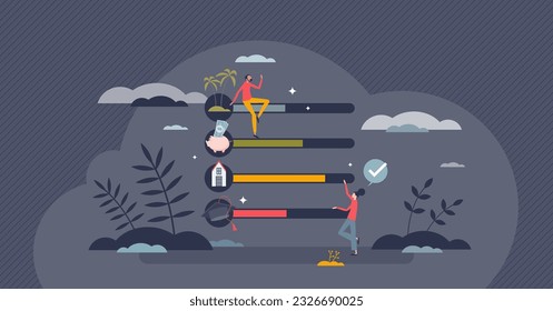 Gamified finances app to level up your money situation tiny person concept. Personal economy reports and fun motivation tool to reduce expenses vector illustration. Playing statistics application.