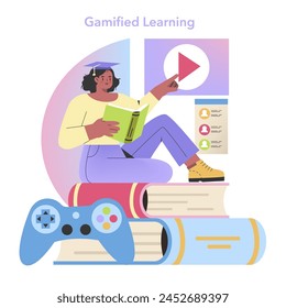 Gamified Learning concept. A young student interacts with digital learning tools alongside traditional books. Vector illustration.