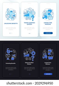 Gamified loyalty programs day, night onboarding mobile app page screen. Walkthrough 3 steps graphic instructions with concepts. UI, UX, GUI vector template with linear night and day mode illustrations