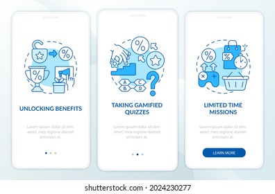 Gamified loyalty programs examples blue onboarding mobile app page screen. Walkthrough 3 steps graphic instructions with concepts. UI, UX, GUI vector template with linear color illustrations