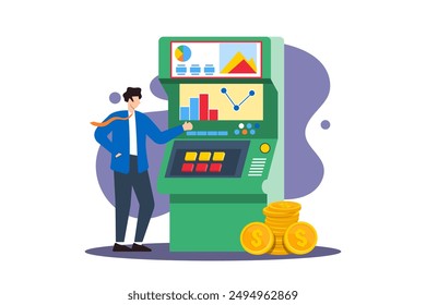Estrategia de mercado de gamificación, toma de decisiones basada en datos, juego estratégico, Ilustración vectorial de concepto de análisis competitivo. Analista jugando juego de arcade con controles financieros