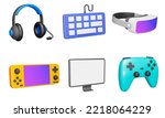 Gaming 3d icon set. Gaming and multimedia. Game console and accessories. Headphones, keyboard, vr glasses, console, monitor, gamepad. Isolated icons, objects on a transparent background