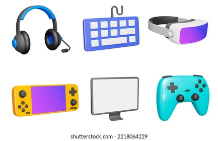 Gaming 3d icon set  Gaming   multimedia  Game console   accessories  Headphones  keyboard  vr glasses  console  monitor  gamepad  Isolated icons  objects transparent background