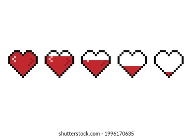 Gaming 8 bit life bar. Pixel game controller health heart bar.