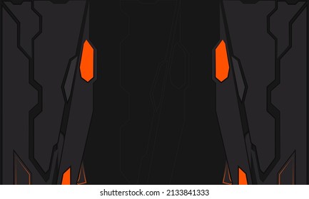 Gaming Abstract Background With Black And Orange Futuristic Technology Shapes. Sports Racing Background. Abstract Geometric Flat Techno Mechanical Shape Design. Vector Illustration